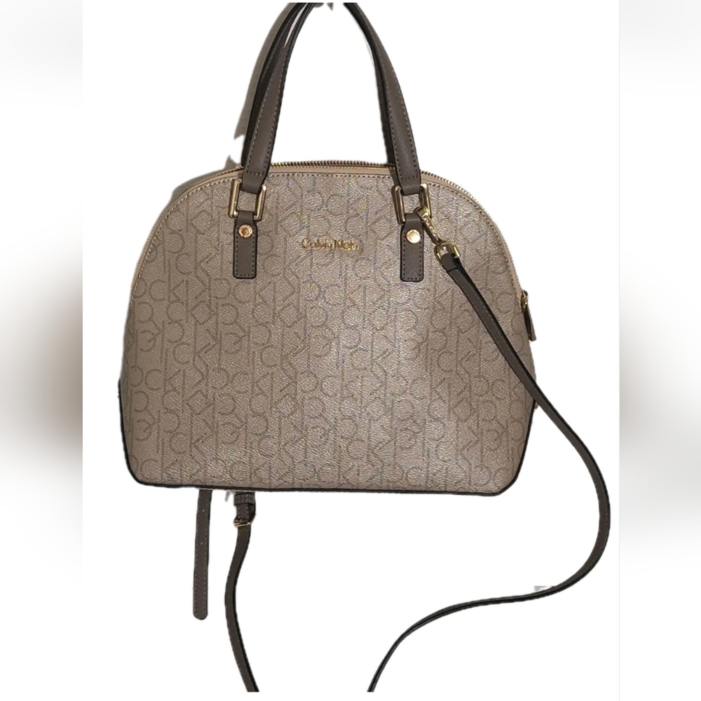 Calvin Klein Women's Medium Dome Satchel Handbag CK Taupe Gray Gold NWOT